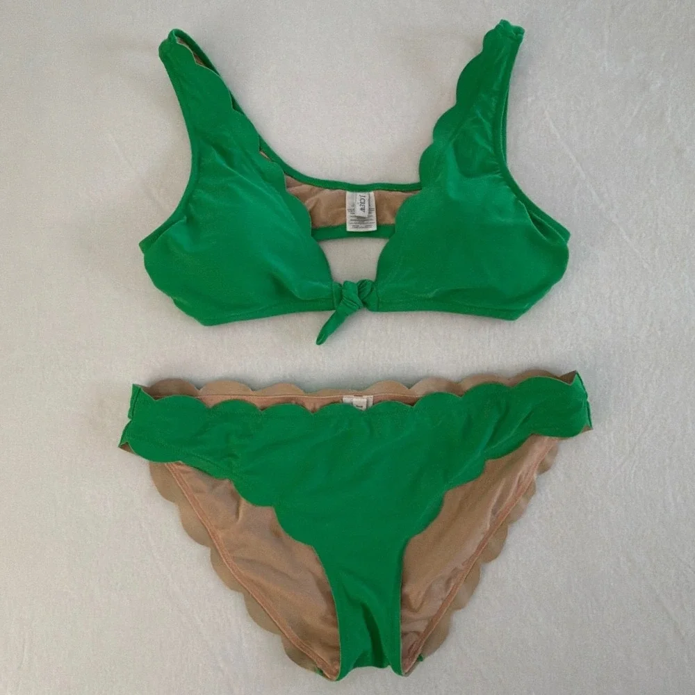 J.Crew Green Scalloped Front Tie Bikini Set Two Piece Swimsuit Large